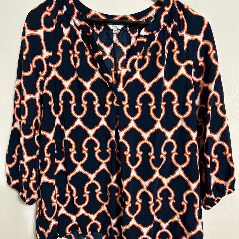 Crown & Ivy Navy and Orange Patterned Blouse Large PTP 19 L 24